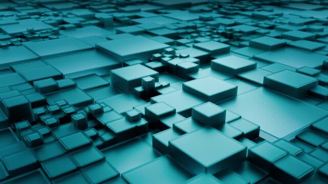Seamless loop background with geometric field of moving light blue glass cubes with glossy surfaces. Rectangular 3D blocks in modern aesthetic style for technology or corporate presentations. 4K 60fps