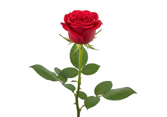 Fototapeta premium A single red rose with green leaves on a isolated on transparent background