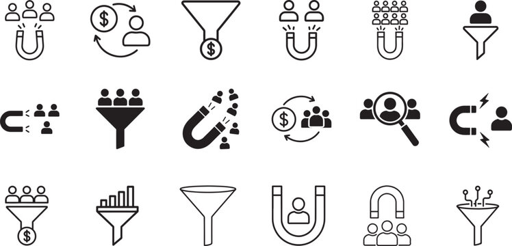 Lead generation icon set with marketing funnel, target audience, CRM, and conversion symbols