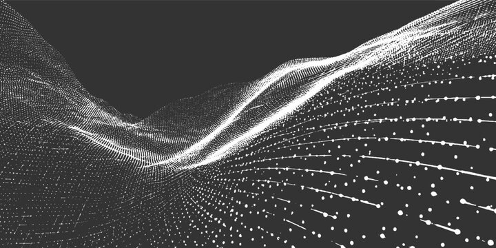 White particle wave flowing across dark background with scattered dots abstract black