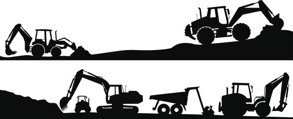 "Construction vehicle silhouettes with excavators, dump trucks, loaders, road roller, heavy machinery industrial vector illustration"