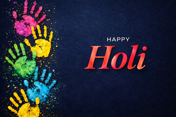 Fototapeta premium Happy holi colorful handprints on dark textured background vibrant indian festival greeting design