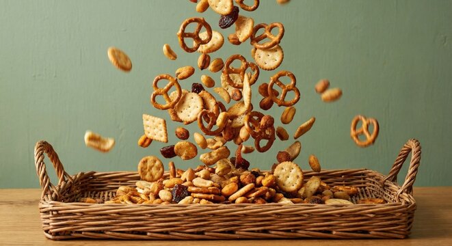 Assorted snack mix falling into a wicker tray