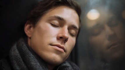 Fototapeta premium A man sleeps peacefully beside a window during a journey his reflection visible in the glass