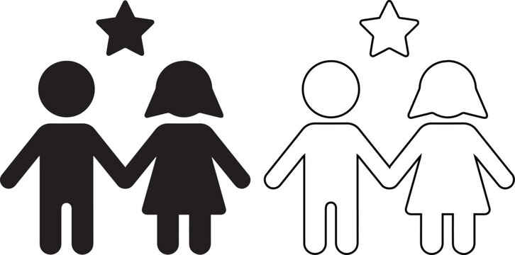 Minimalist icon of a boy and girl holding hands with a star symbol illustrating childhood friendship, school education achievement, and sibling togetherness in a clean vector style.
