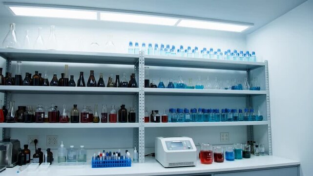 A laboratory shelf stocked with various colorful liquids and glassware on a white background