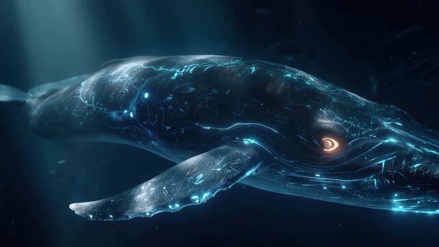 Bioluminescent humpback whale gliding through dark ocean with glowing blue patterns and light rays