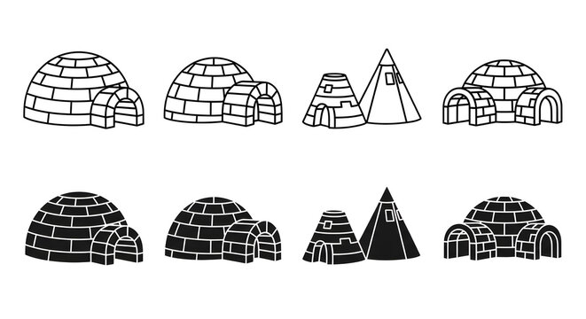 Igloos and inuit shelters in various styles and shading