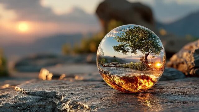 Crystal ball reflecting tree and sunset landscape