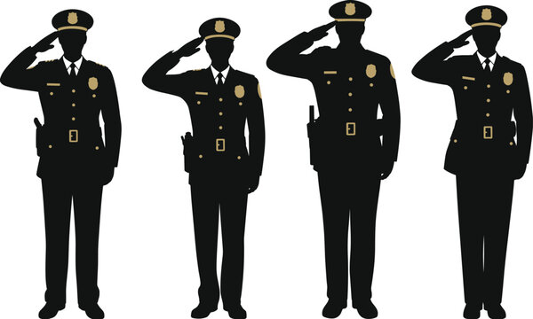 Police officer silhouette set showing law enforcement uniform, salute gesture, security service, authority, protection concept