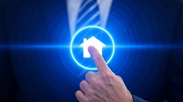 Businessman interacting with a glowing house icon on a blue interface