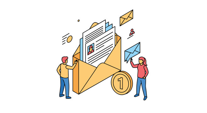 An isometric illustration of job recruitment, with people sending and receiving CVs and resumes by mail, symbolizing the hiring process.