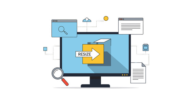 A flat line art illustration of a computer monitor with a folder icon being resized, symbolizing file and image resizing software tools.