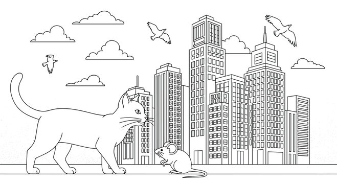 A whimsical black and white line art coloring page of a giant cat and a tiny mouse having a standoff in front of a modern city skyline.