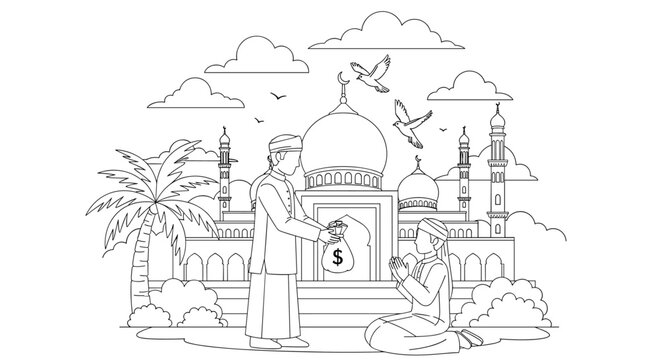 A line art illustration depicting Islamic charity (Zakat or Sadaqa), with one Muslim man giving money to a poor man before a mosque.