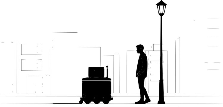 Autonomous Delivery Robot Silhouette, Last Mile Logistics and Urban Smart City Transport CAD Vector Illustration