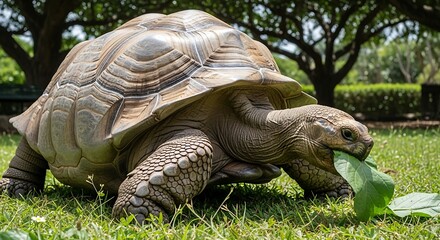 Obraz premium Large tortoise eating green leaf on grass in natural park