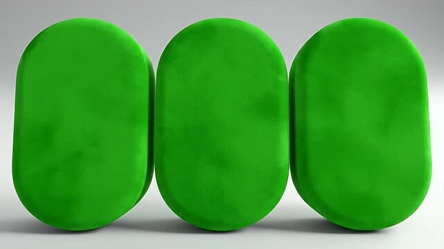 Three bright green, rounded, oblong shapes are arranged in a row