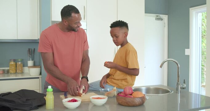 African American father and son after boy nibbling, preparing, sampling snack on board at island