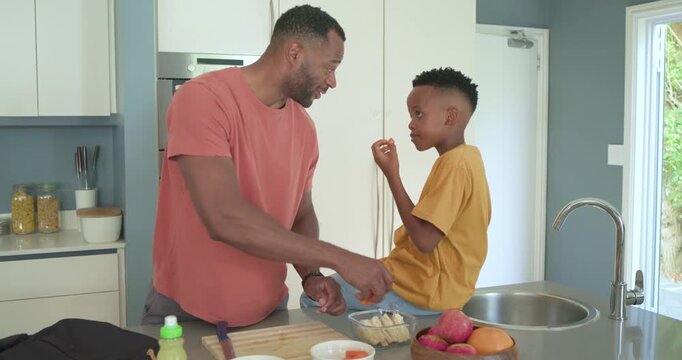 African American dad and son at island dad sorting fruit packing snack into backpack for school