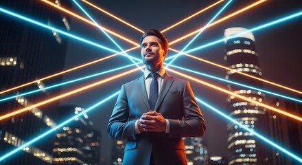 Fototapeta premium A confident businessman standing in front of a futuristic cityscape with neon lights at night