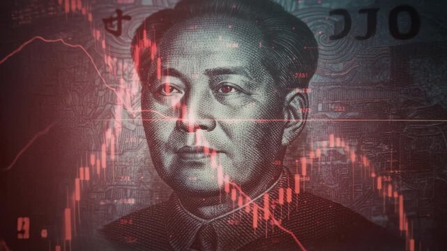 Markets in decline depicted visually. Depiction of economic instability through visual elements. Symbolic representation of currency crisis with digital and artistic features