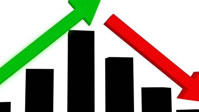 Graphical representation of rising and falling trends with green and red arrows.