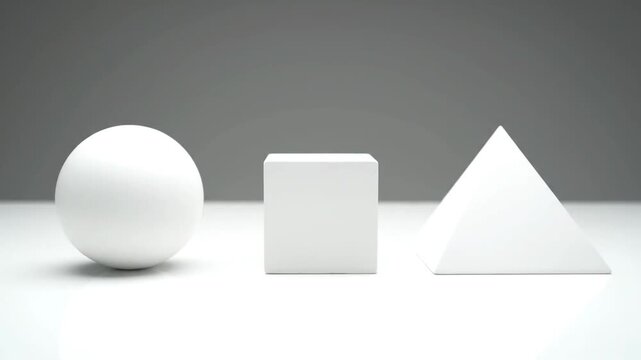 Three basic geometric shapes: sphere, cube, and pyramid, on a white surface with gray background.
