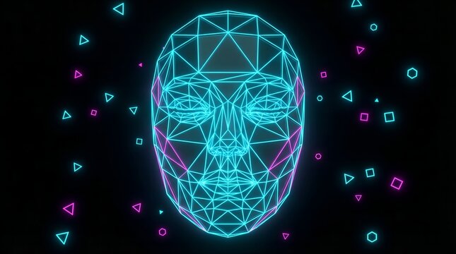 Glowing blue wireframe face with neon pink accents and geometric shapes on black background futuristic digital concept art