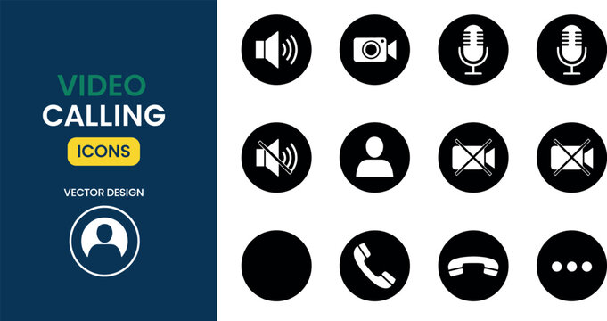 Video calling interface icon set with communication microphone camera user and control symbols in modern vector style