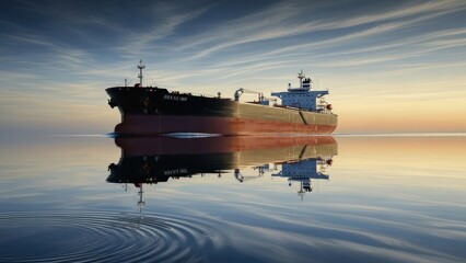Obraz premium Large cargo vessel floats calmly on reflective water surface at sunrise