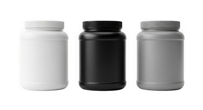 Three supplement jars in white, black, and grey colors for protein powder packaging mockup isolated on transparent background