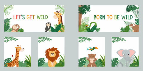 Fototapeta premium Jungle themed baby shower or birthday party invitation designs