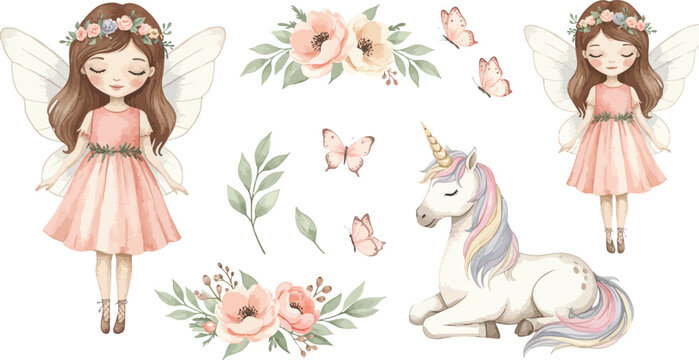 Whimsical illustration of fairy girls and a unicorn with floral elements in soft pastel colors and dreamy scenery
