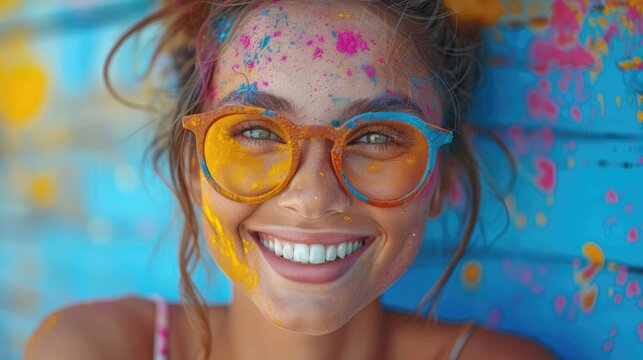 portrait happy smiling girl celebrating holi festival, colorful face, vibrant powder paint explosion, joyous festival