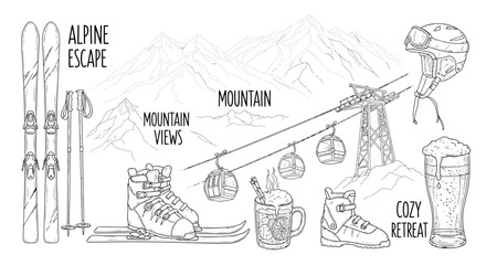 Skiing and Winter Sports Equipment with Mountain Views and Refreshments. © dada