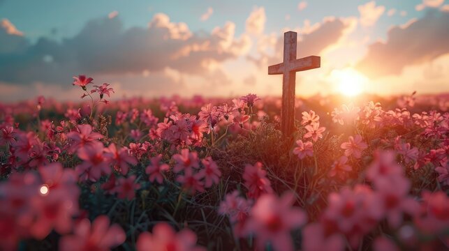 Ascension day concept. The cross on meadow autumn sunrise background.