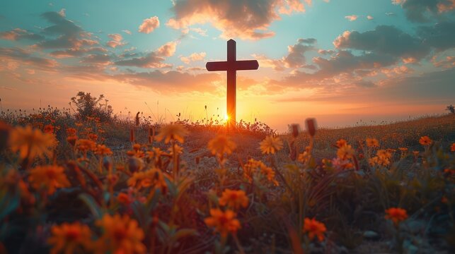 Ascension day concept. The cross on meadow autumn sunrise background. 