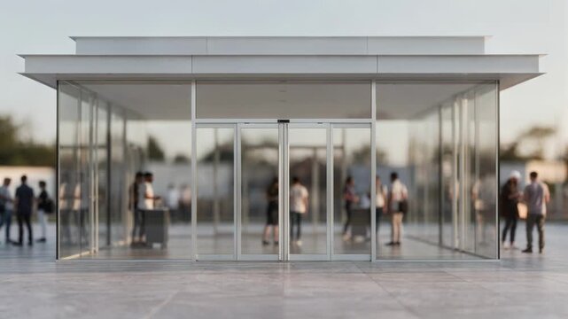 Medium frame highlighting a modern pavilion entrance with crisp architectural details in focus soft bokeh of visitors mingling in the background.