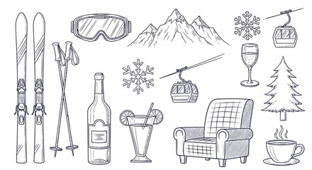 Winter sports and leisure activities hand-drawn sketch collection. © dada