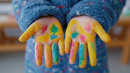 明るく洗える絵の具で指で絵を描く、元気いっぱいの日本の赤ちゃんと、活気のある保育アートタイム