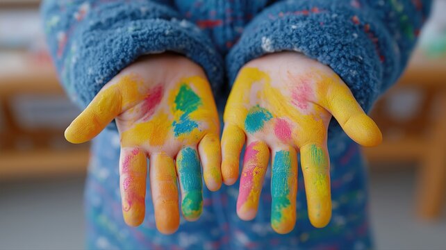 明るく洗える絵の具で指で絵を描く、元気いっぱいの日本の赤ちゃんと、活気のある保育アートタイム