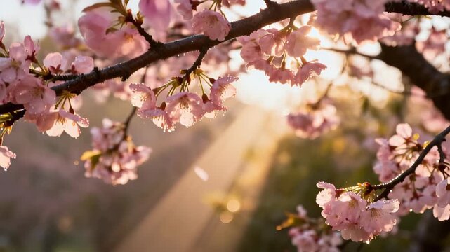 Pink Blossoms on Tree Branches with Sun Rays in Spring Morning Light
