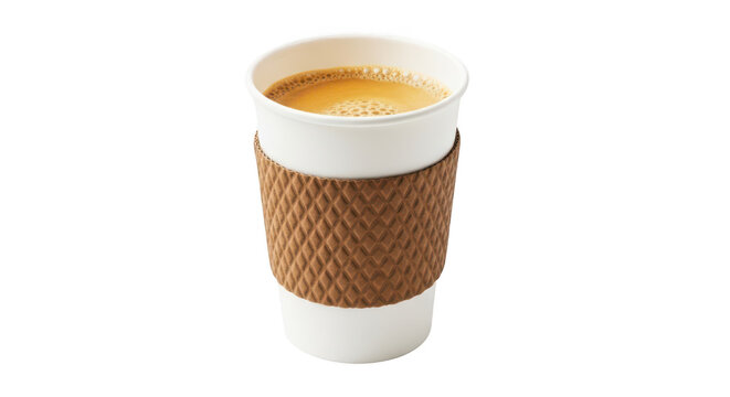 A disposable coffee cup with a brown sleeve on a transparent background