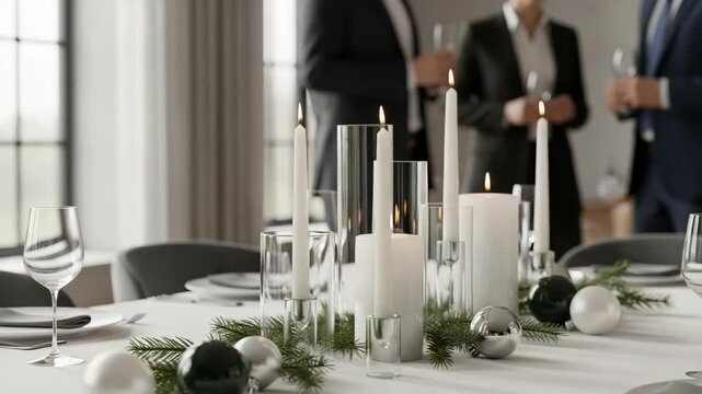 Festively decorated dining table with candles and holiday ornaments  