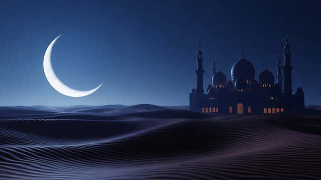 Crescent moon over desert mosque at night, Ramadan Islamic cultural symbol