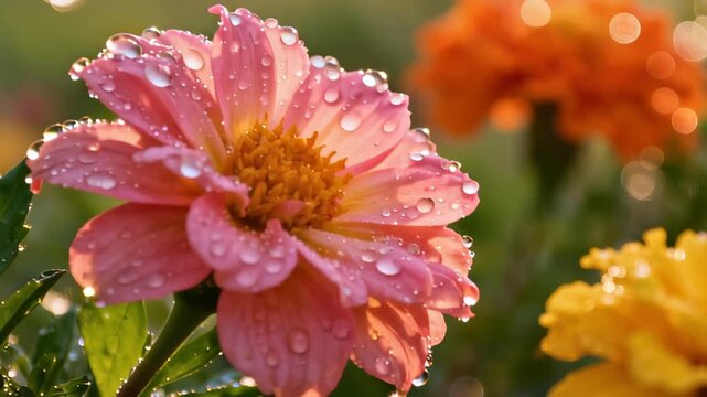 Vibrant Summer Blooms in Morning Light with Dew Drops