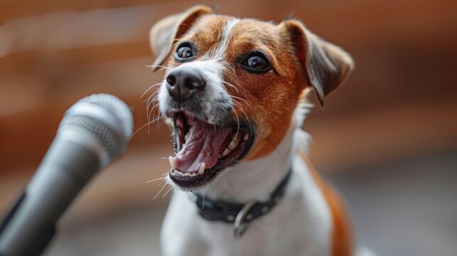 jack russell dog celebrating new years eve with champagne glass and singing out loud, with a microphone