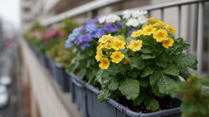 日本のプランターと効率的な灌漑システムを備えた活気のある都会のバルコニーガーデン