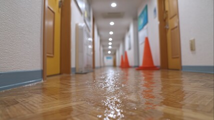 湿式掃除機と安全コーンを使用した日本のアパートの廊下の水漏れ清掃